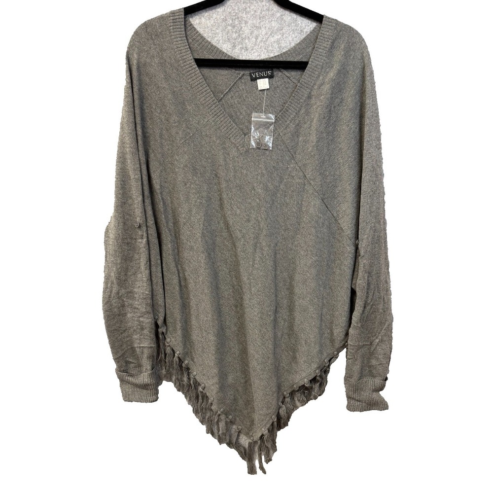 Venus Brand Gray V-Neck Poncho Fringe Sweater Roll-Tab Sleeves Woman's Size M